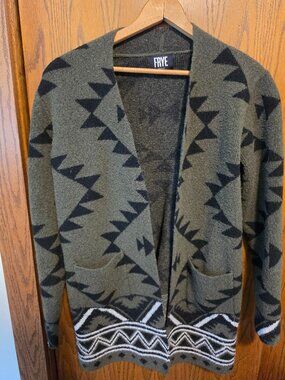 Frye Southwestern Aztec Open Front Cardigan Sweater Olive Green Black Small